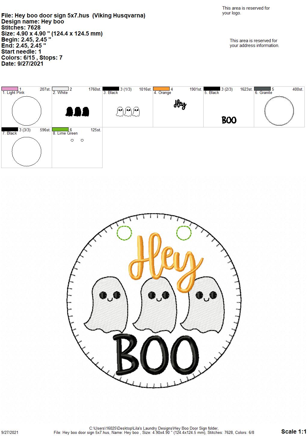 Hey Boo Sketch Door Sign - 3 sizes - Digital Embroidery Design