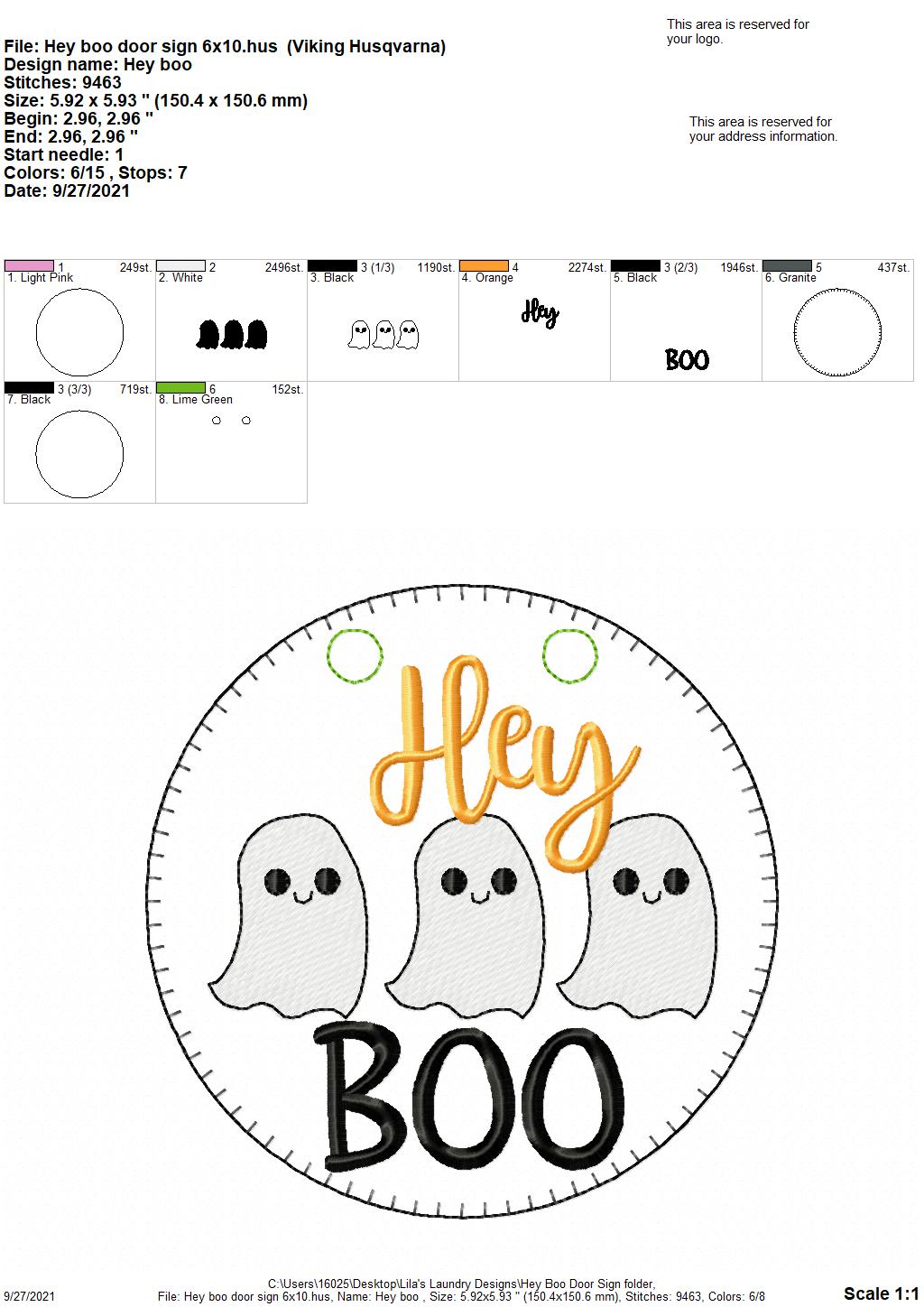 Hey Boo Sketch Door Sign - 3 sizes - Digital Embroidery Design
