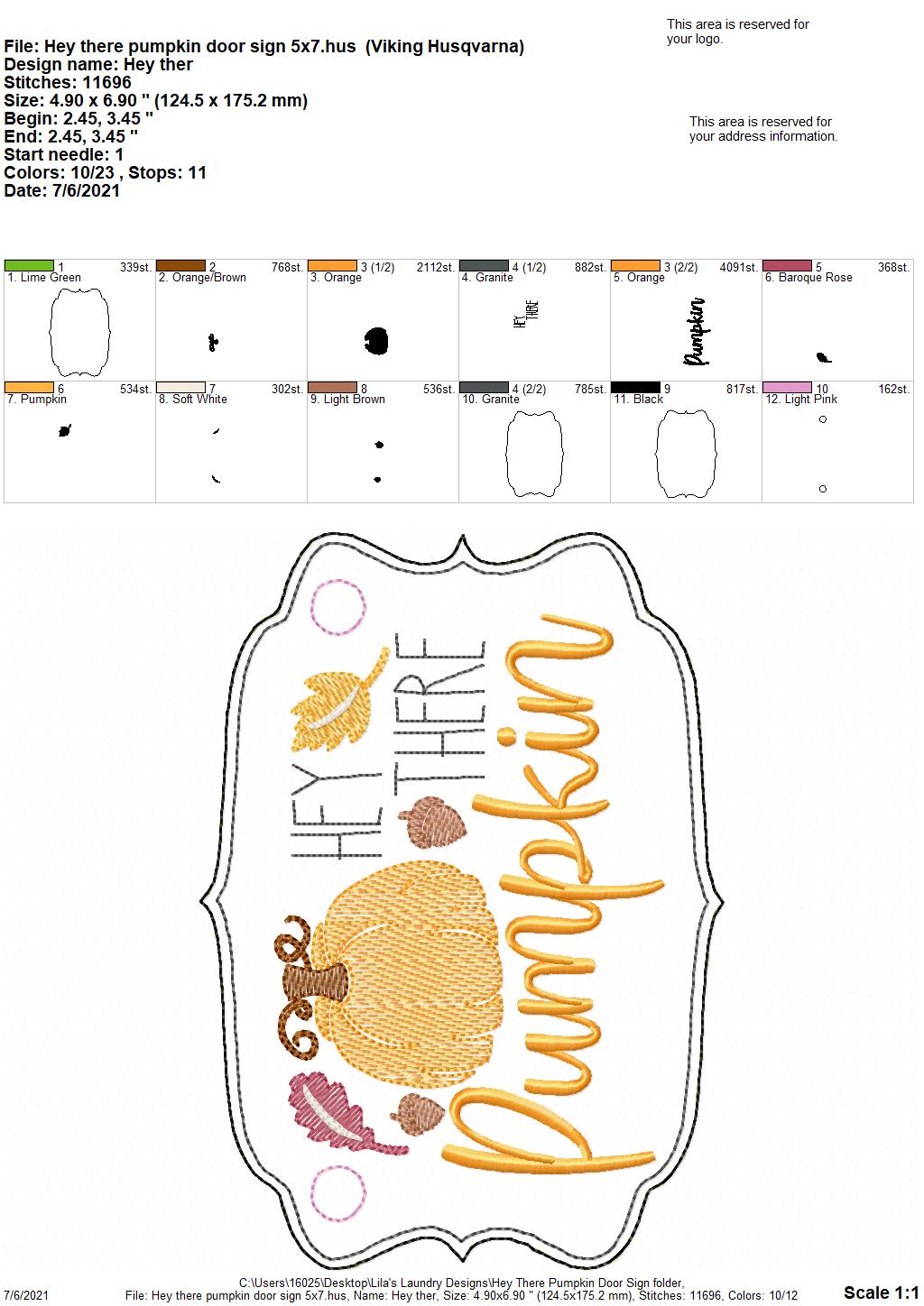 Hey There Pumpkin Door Sign - 3 sizes - Digital Embroidery Design