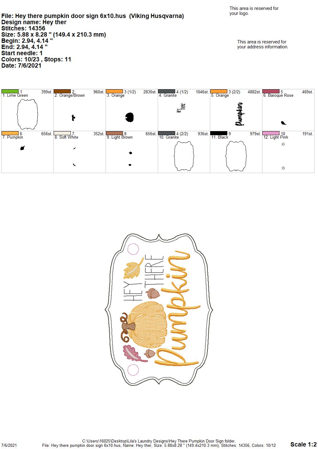 Hey There Pumpkin Door Sign - 3 sizes - Digital Embroidery Design