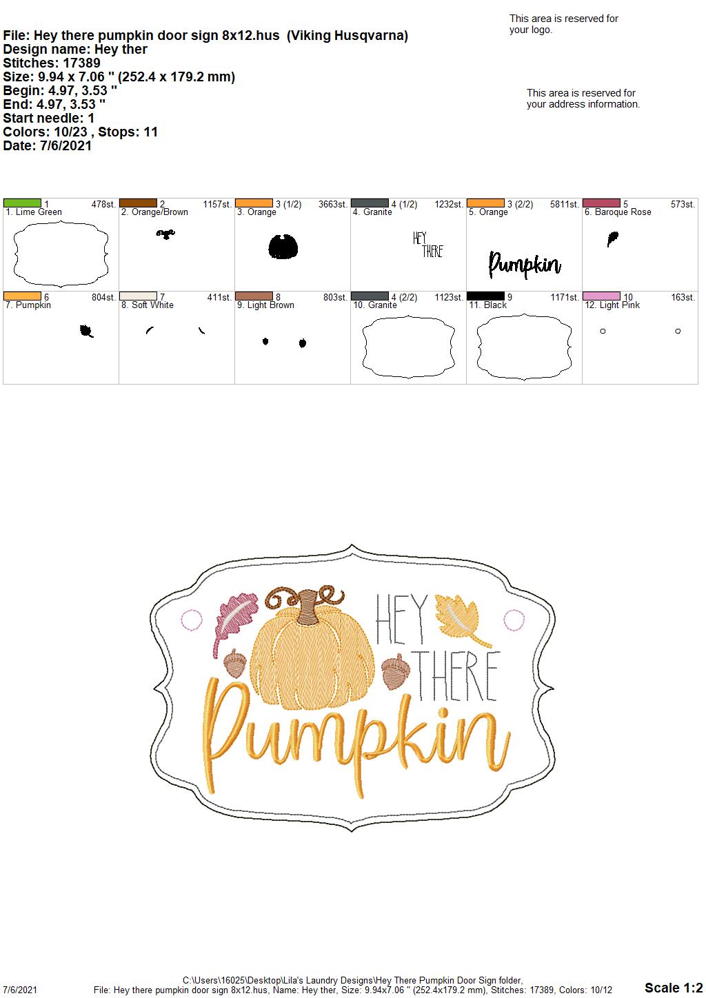 Hey There Pumpkin Door Sign - 3 sizes - Digital Embroidery Design