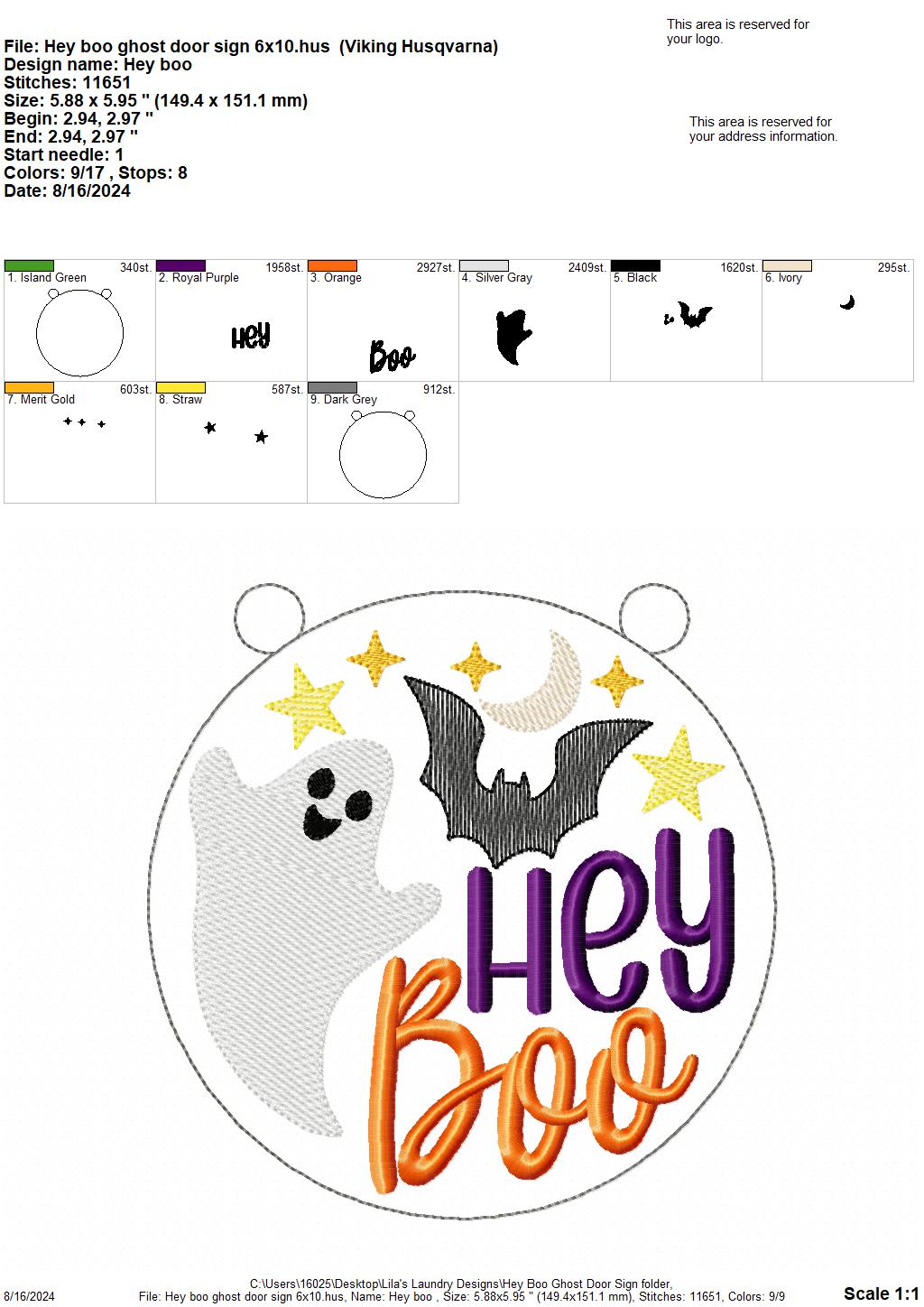 Hey Boo Ghost Door Sign - Digital Embroidery Design