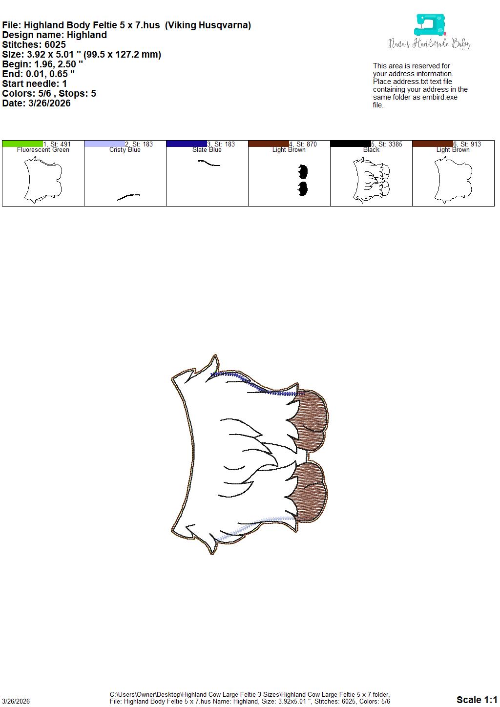 Large Highland Cow Feltie- 3 Sizes – 5 x 7, 6 x 10 and 8 x 12 DIGITAL Embroidery Design