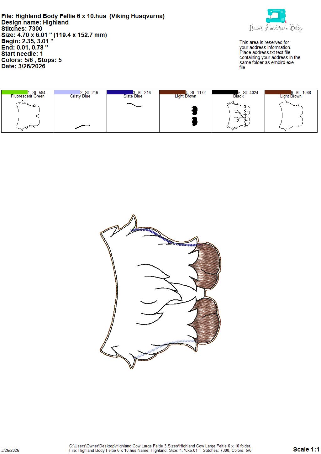 Large Highland Cow Feltie- 3 Sizes – 5 x 7, 6 x 10 and 8 x 12 DIGITAL Embroidery Design