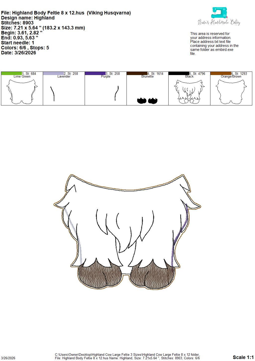 Large Highland Cow Feltie- 3 Sizes – 5 x 7, 6 x 10 and 8 x 12 DIGITAL Embroidery Design