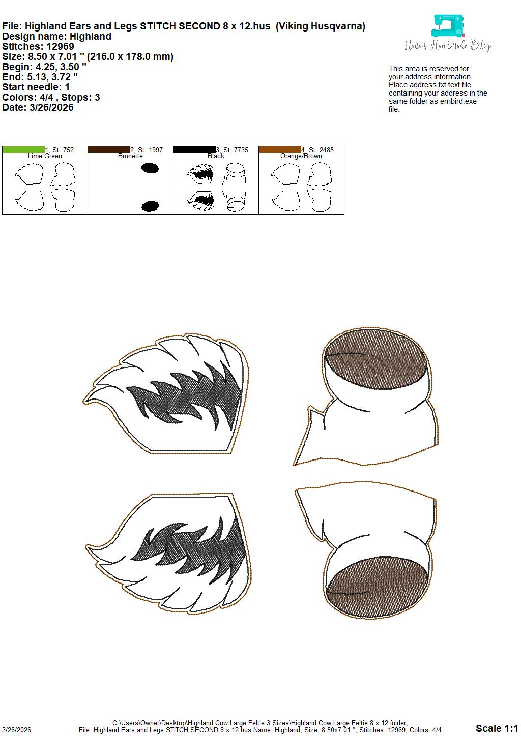 Large Highland Cow Feltie- 3 Sizes – 5 x 7, 6 x 10 and 8 x 12 DIGITAL Embroidery Design