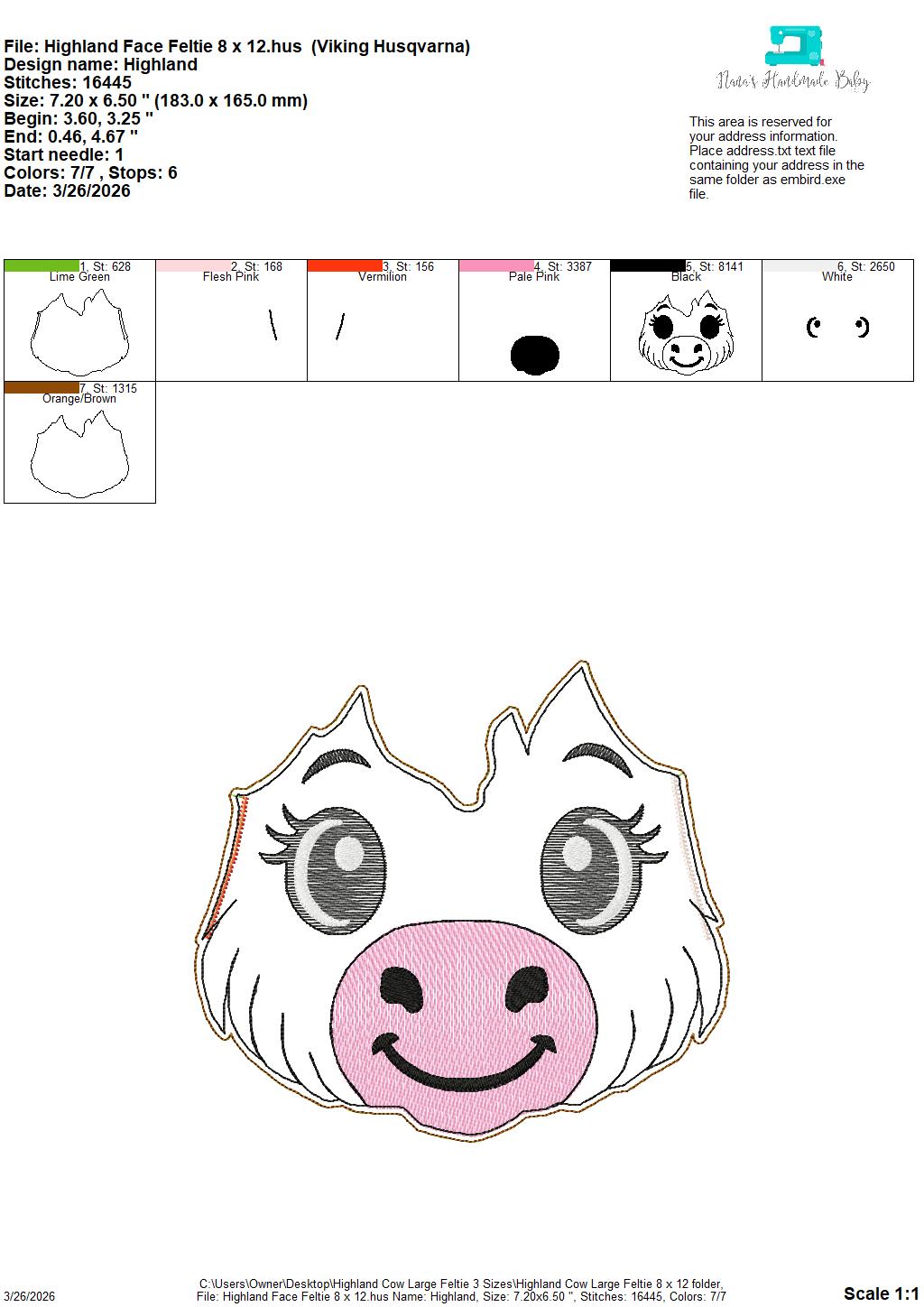 Large Highland Cow Feltie- 3 Sizes – 5 x 7, 6 x 10 and 8 x 12 DIGITAL Embroidery Design