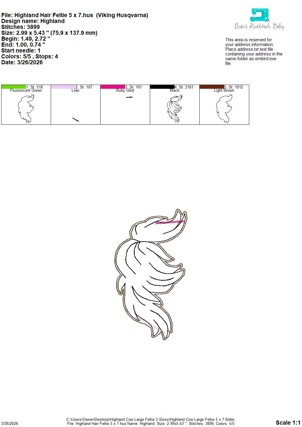 Large Highland Cow Feltie- 3 Sizes – 5 x 7, 6 x 10 and 8 x 12 DIGITAL Embroidery Design