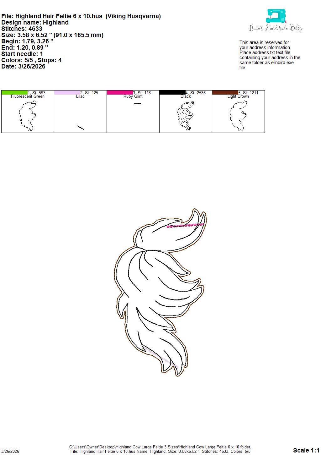 Large Highland Cow Feltie- 3 Sizes – 5 x 7, 6 x 10 and 8 x 12 DIGITAL Embroidery Design