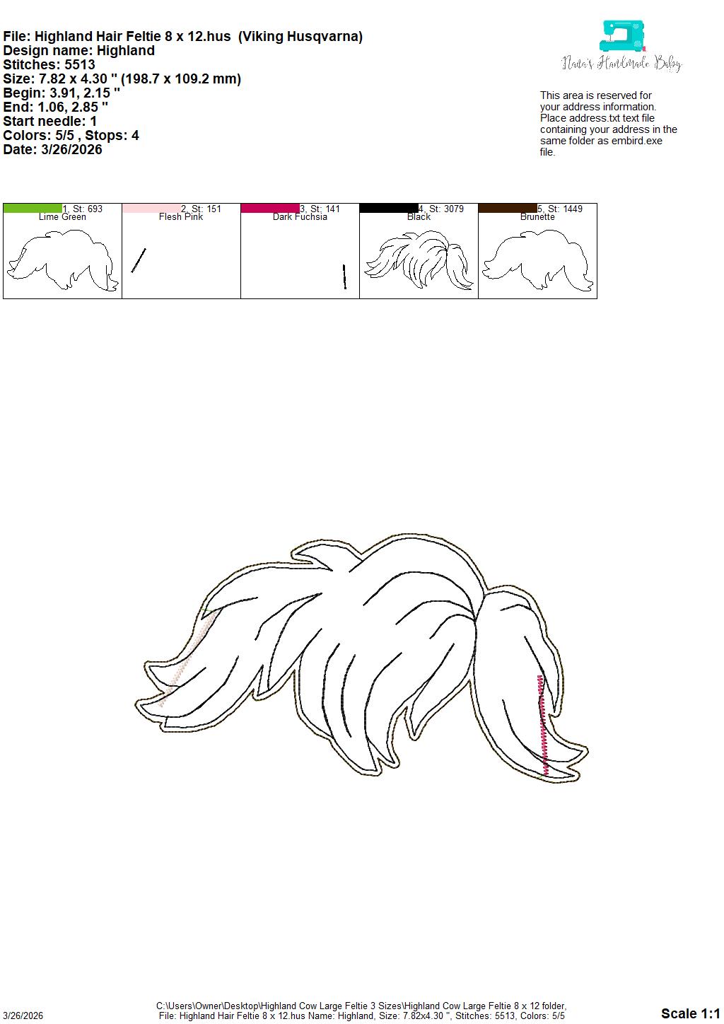 Large Highland Cow Feltie- 3 Sizes – 5 x 7, 6 x 10 and 8 x 12 DIGITAL Embroidery Design