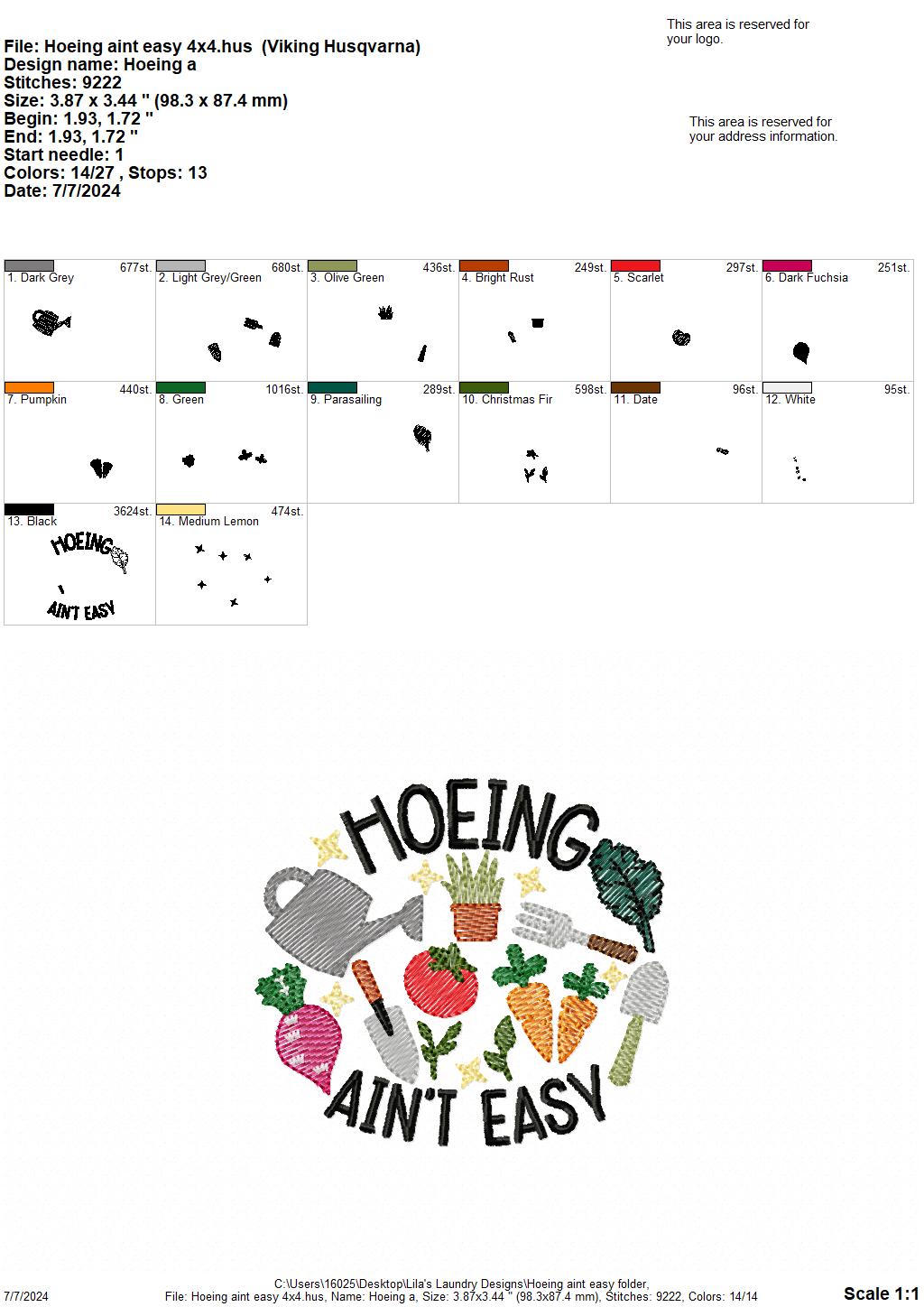 Hoeing Ain't Easy - 4 Sizes - Digital Embroidery Design
