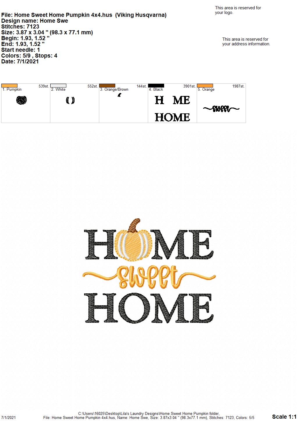 Home Sweet Home Pumpkin - 4 sizes- Digital Embroidery Design