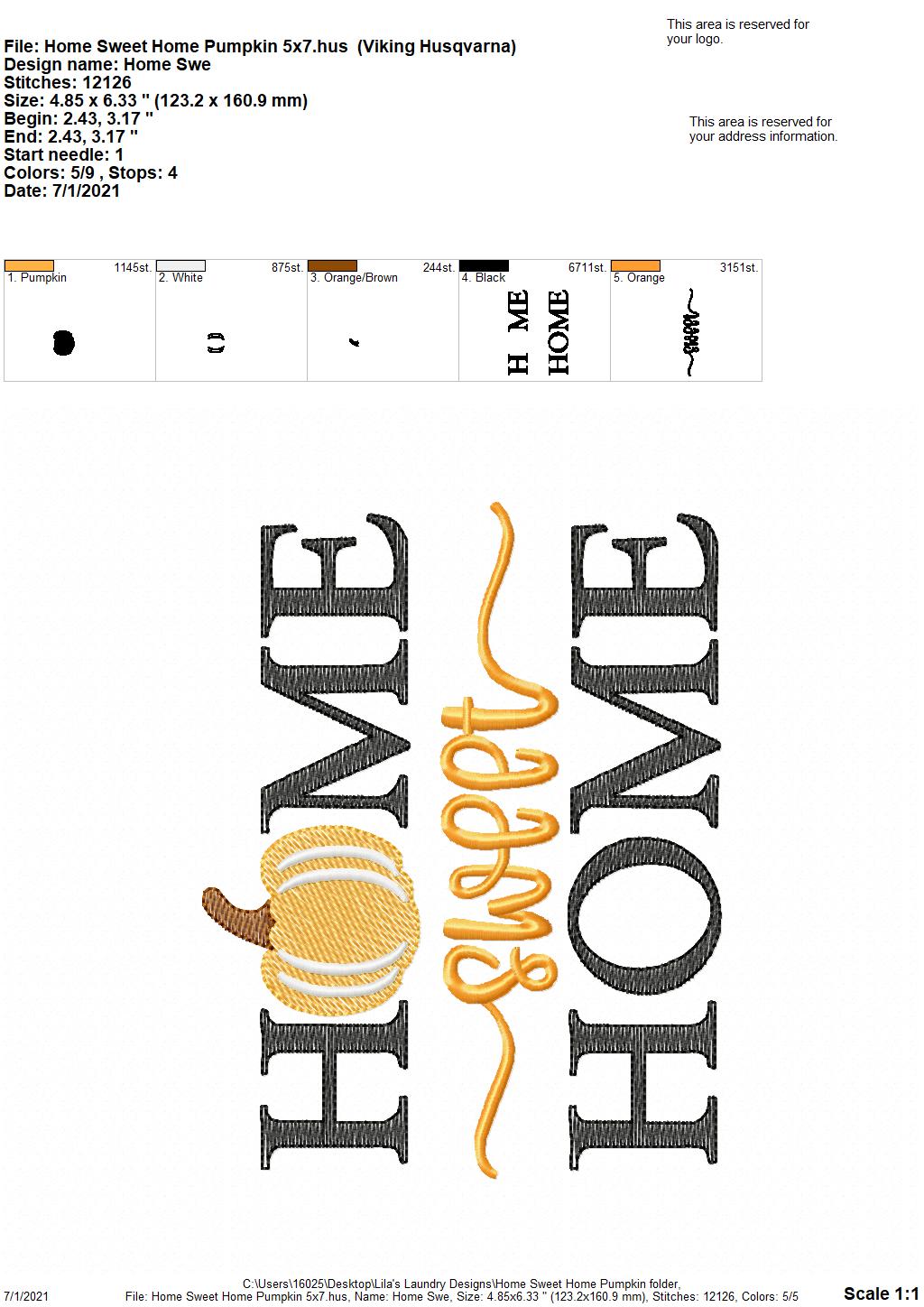 Home Sweet Home Pumpkin - 4 sizes- Digital Embroidery Design