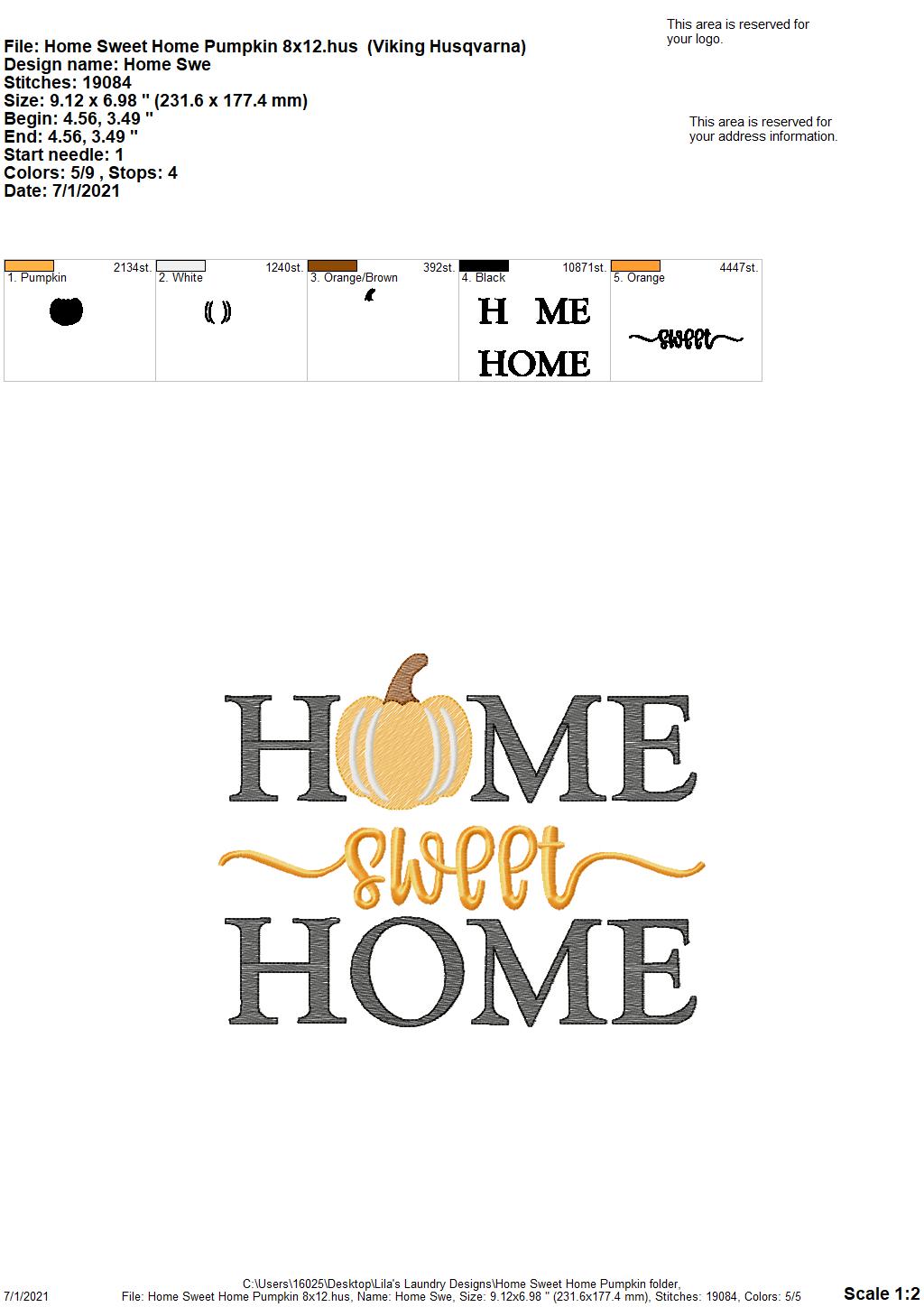 Home Sweet Home Pumpkin - 4 sizes- Digital Embroidery Design