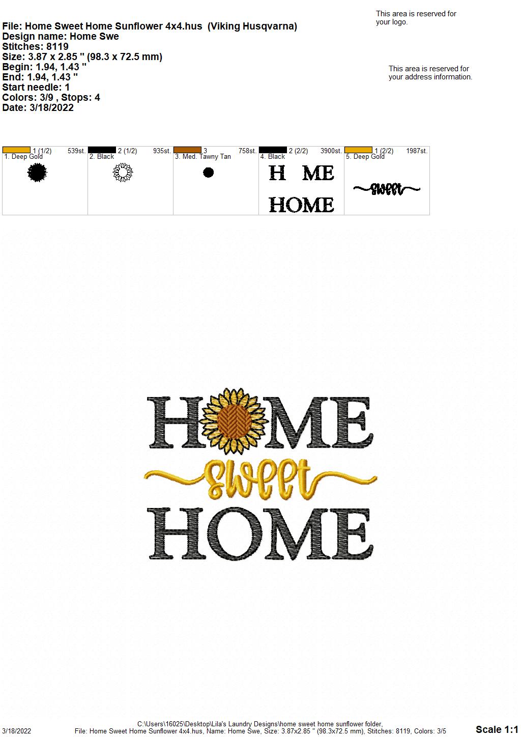 Home Sweet Home Sunflower - 4 sizes- Digital Embroidery Design