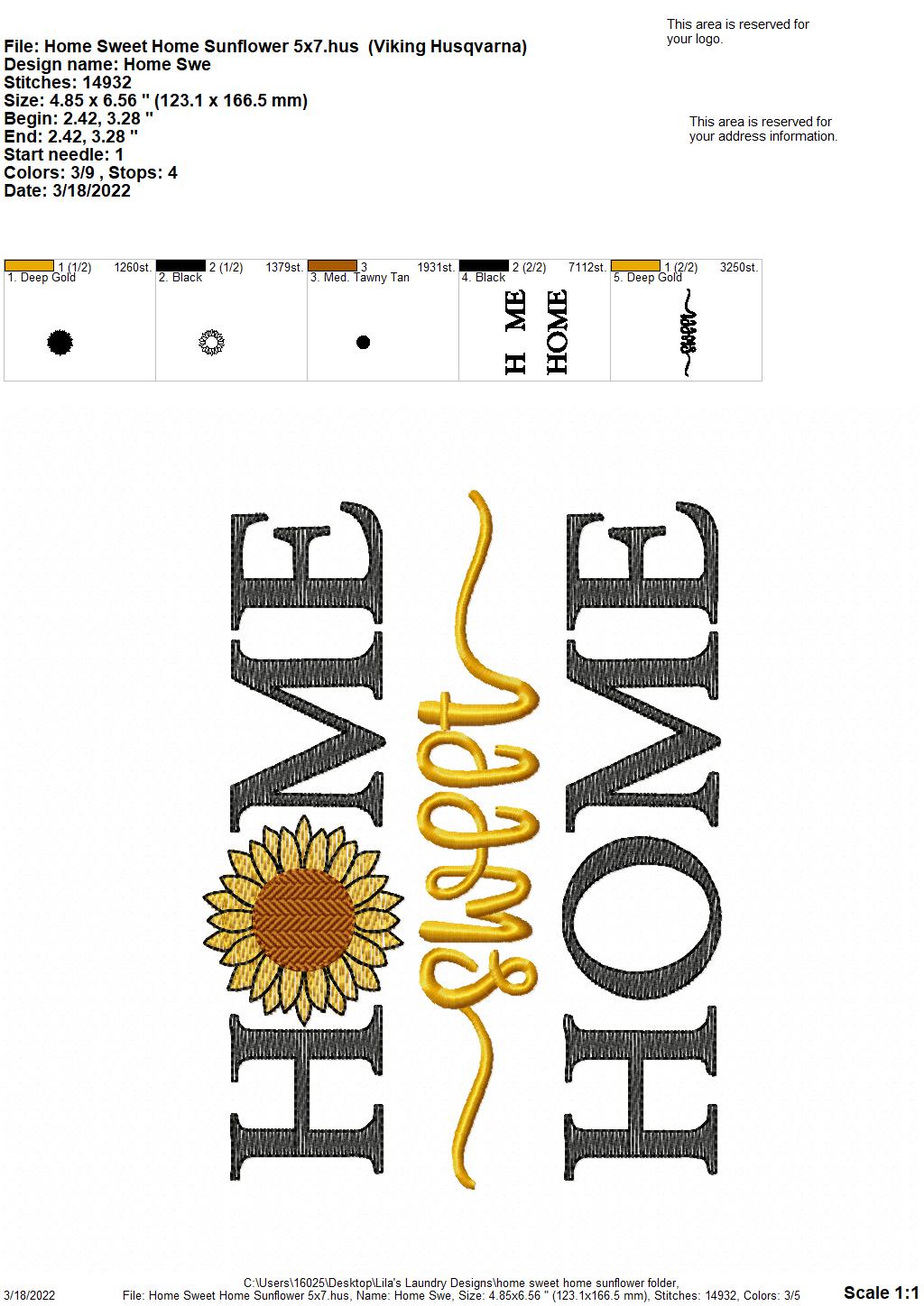 Home Sweet Home Sunflower - 4 sizes- Digital Embroidery Design