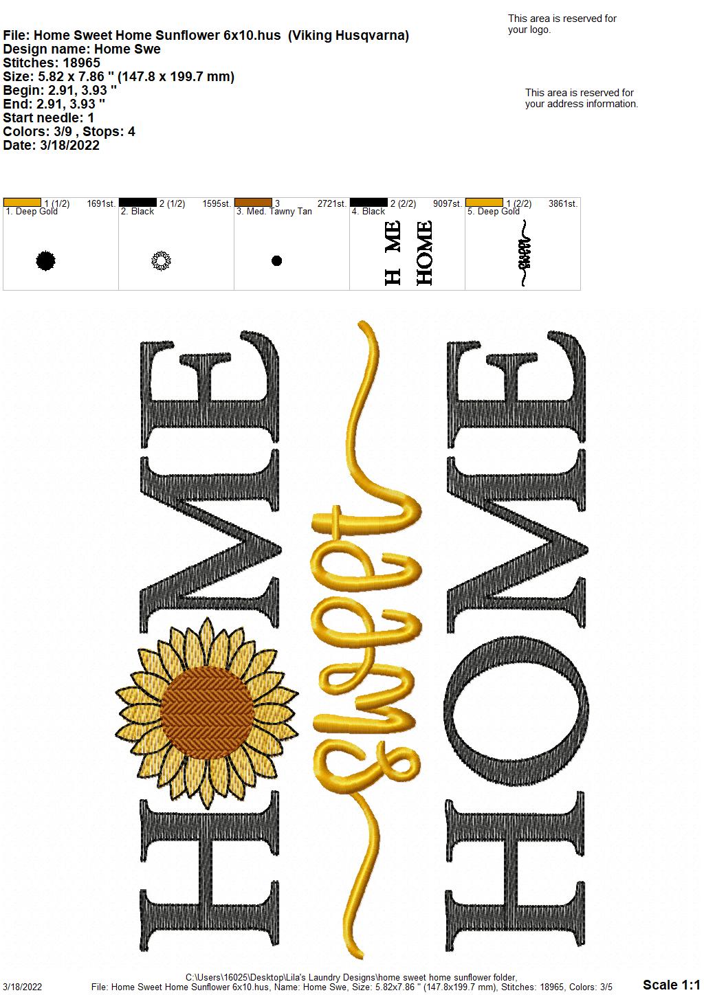 Home Sweet Home Sunflower - 4 sizes- Digital Embroidery Design