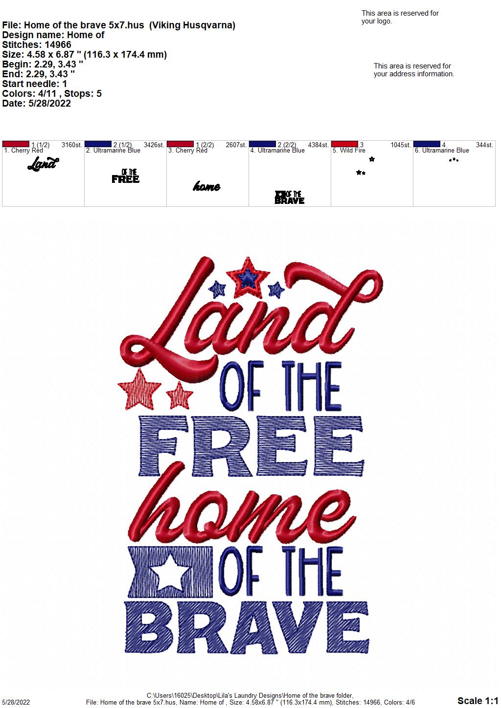 Home of the Brave - 3 sizes- Digital Embroidery Design