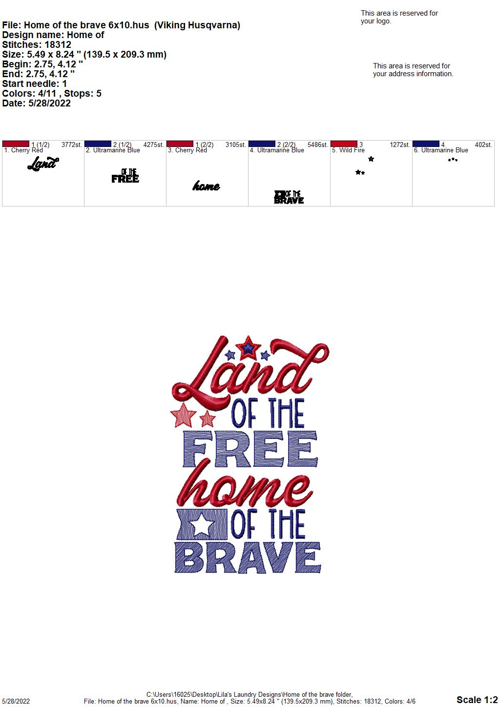 Home of the Brave - 3 sizes- Digital Embroidery Design