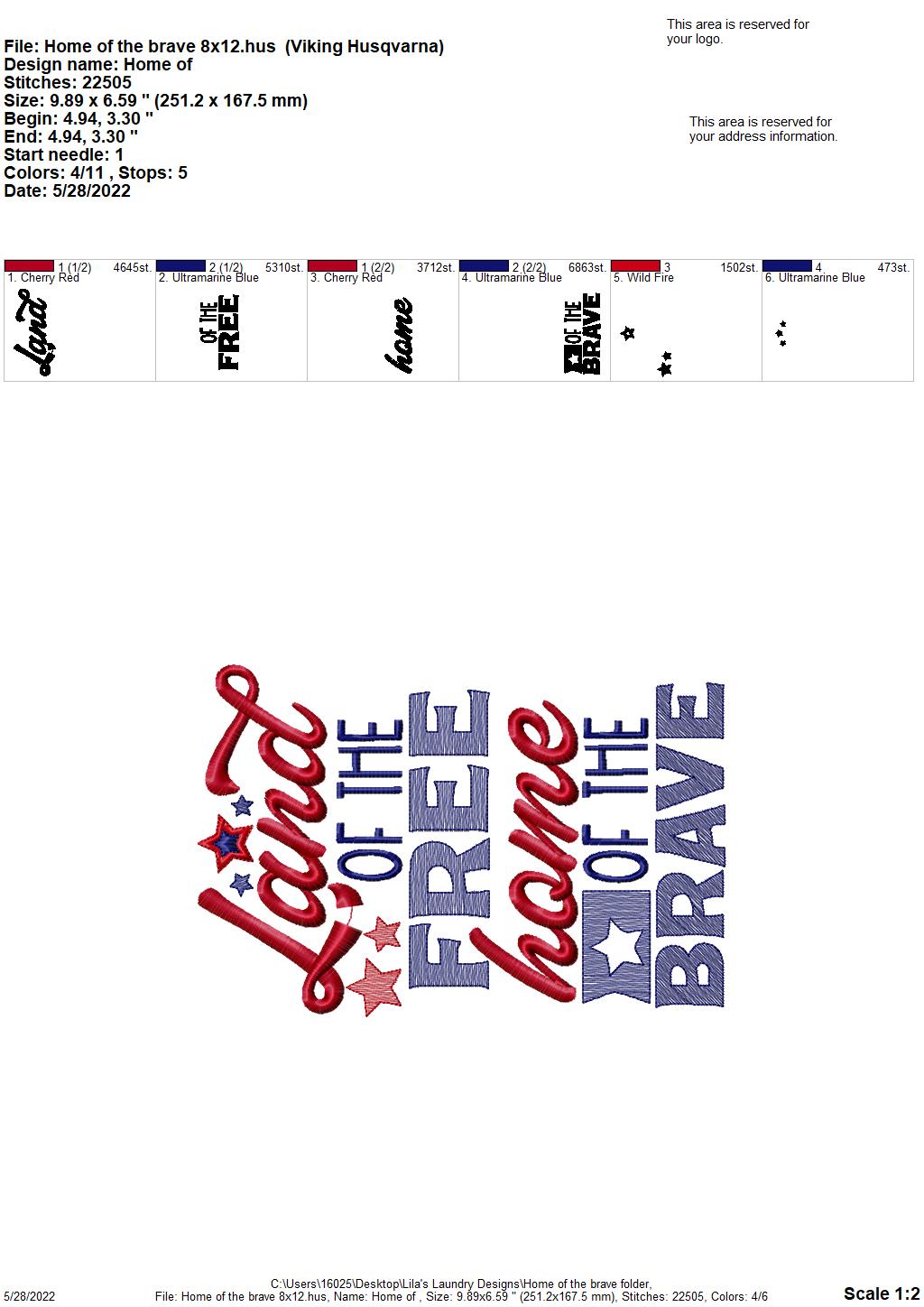 Home of the Brave - 3 sizes- Digital Embroidery Design