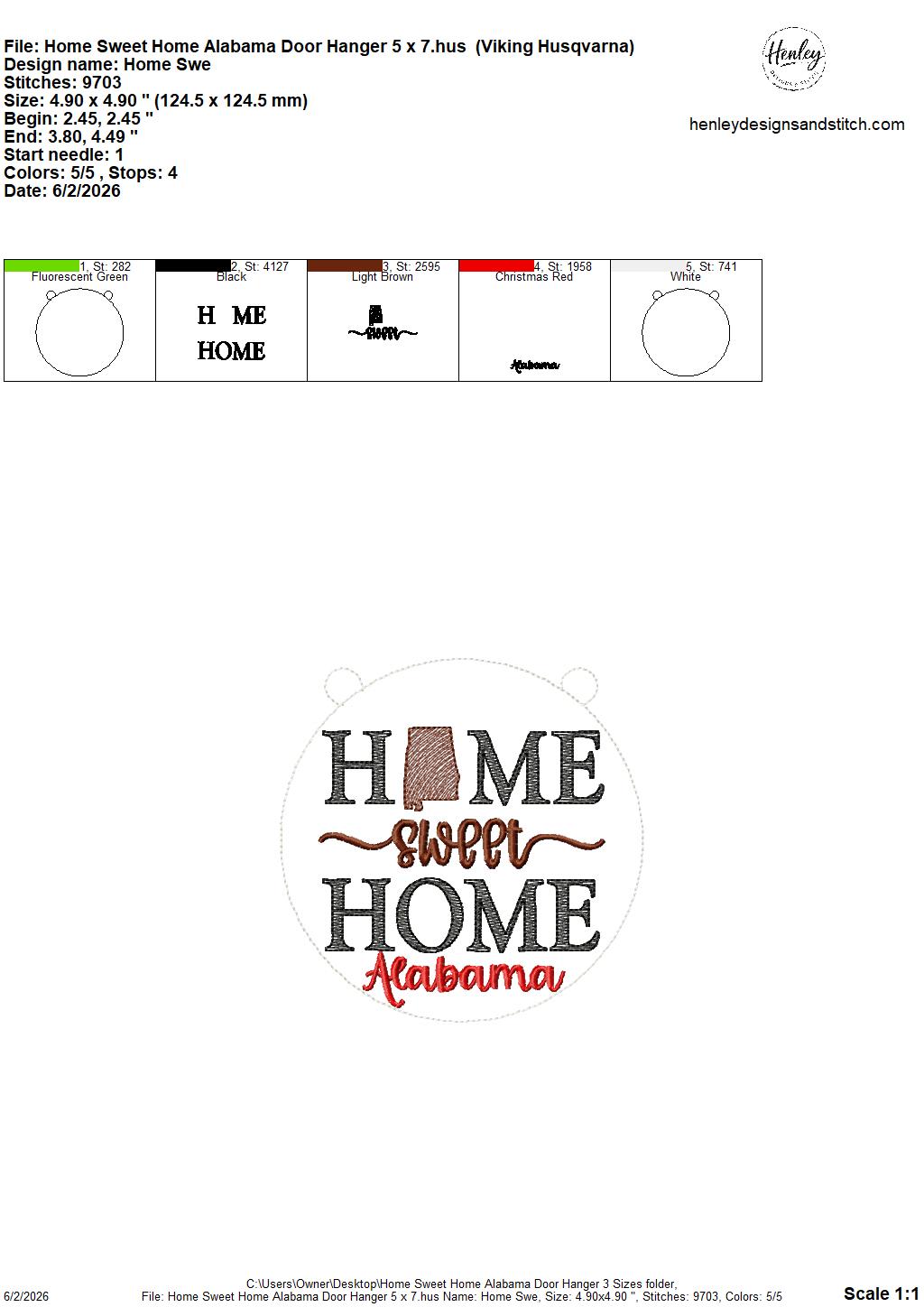 Home Sweet Home – Alabama – DOOR HANGER – 5 x 7, 8 x 8, and 6 x 10 In The Hoop – DIGITAL Embroidery DESIGN