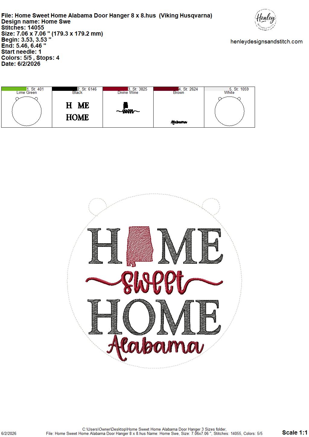 Home Sweet Home – Alabama – DOOR HANGER – 5 x 7, 8 x 8, and 6 x 10 In The Hoop – DIGITAL Embroidery DESIGN