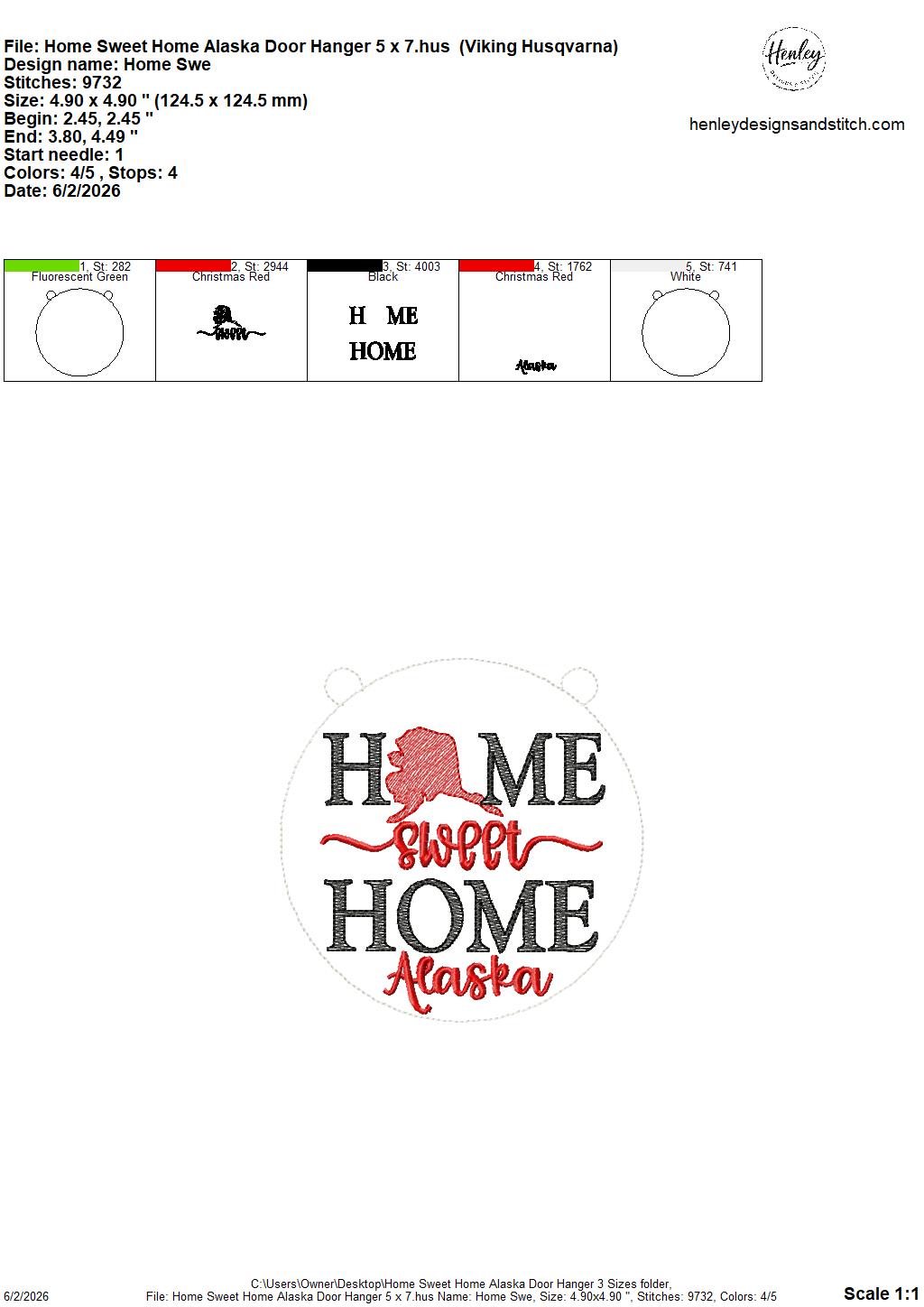 Home Sweet Home – Alaska – DOOR HANGER – 5 x 7, 8 x 8, and 6 x 10 In The Hoop – DIGITAL Embroidery DESIGN