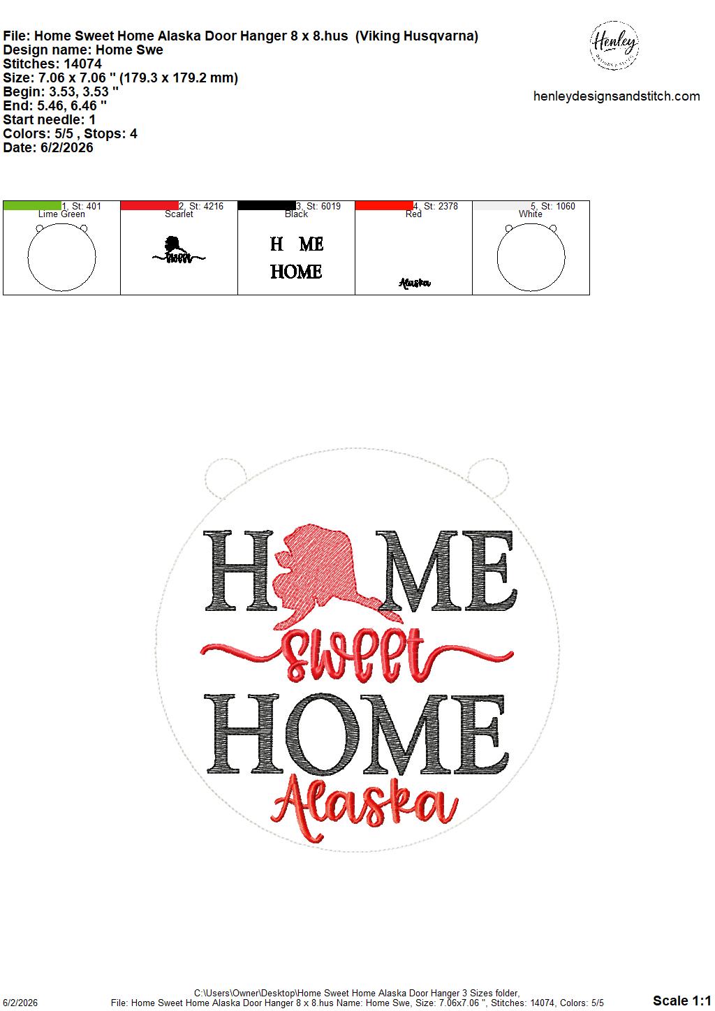 Home Sweet Home – Alaska – DOOR HANGER – 5 x 7, 8 x 8, and 6 x 10 In The Hoop – DIGITAL Embroidery DESIGN