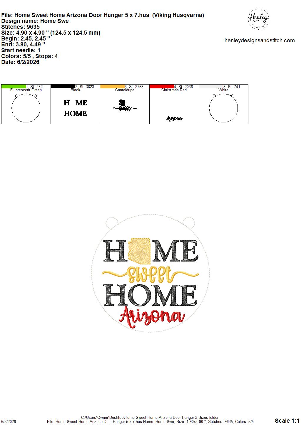 Home Sweet Home – Arizona – DOOR HANGER – 5 x 7, 8 x 8, and 6 x 10 In The Hoop – DIGITAL Embroidery DESIGN