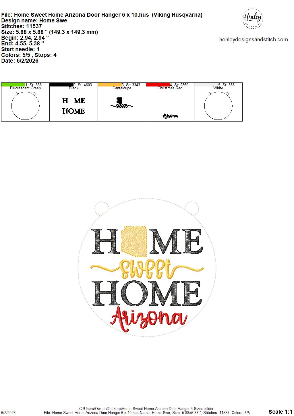 Home Sweet Home – Arizona – DOOR HANGER – 5 x 7, 8 x 8, and 6 x 10 In The Hoop – DIGITAL Embroidery DESIGN