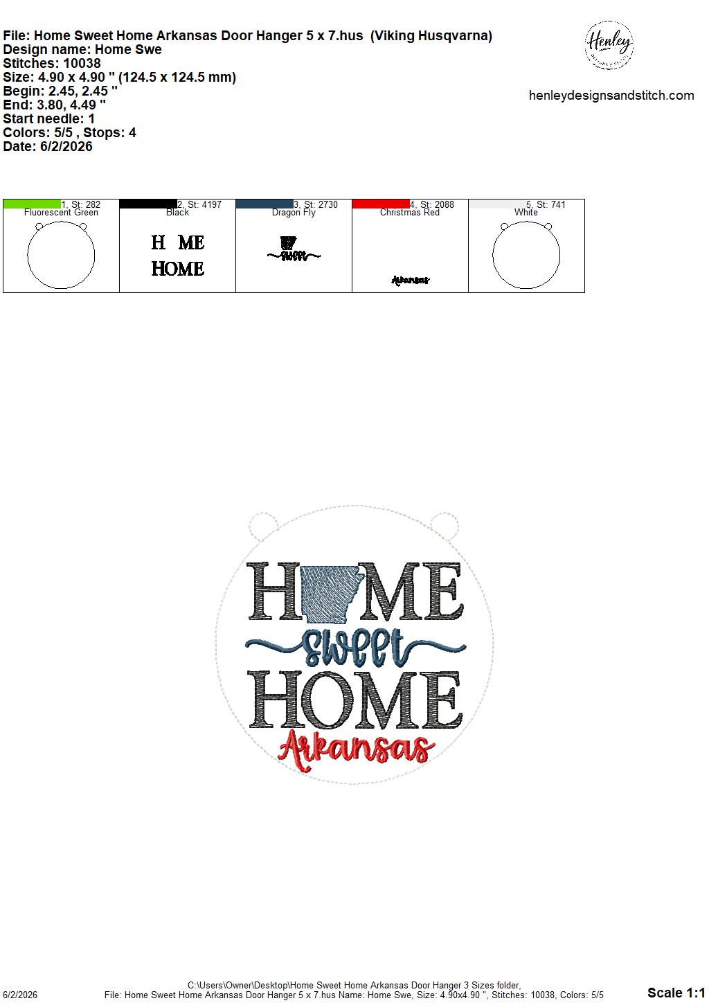 Home Sweet Home – Arkansas – DOOR HANGER – 5 x 7, 8 x 8, and 6 x 10 In The Hoop – DIGITAL Embroidery DESIGN