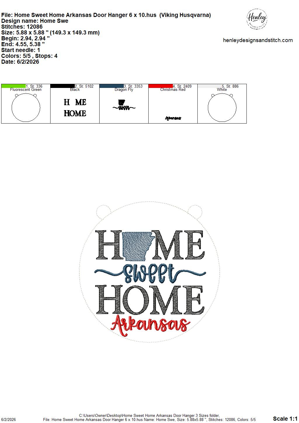 Home Sweet Home – Arkansas – DOOR HANGER – 5 x 7, 8 x 8, and 6 x 10 In The Hoop – DIGITAL Embroidery DESIGN