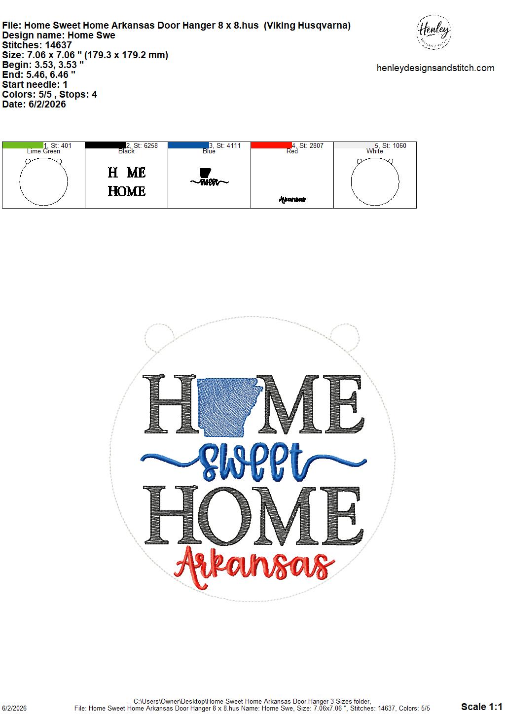 Home Sweet Home – Arkansas – DOOR HANGER – 5 x 7, 8 x 8, and 6 x 10 In The Hoop – DIGITAL Embroidery DESIGN