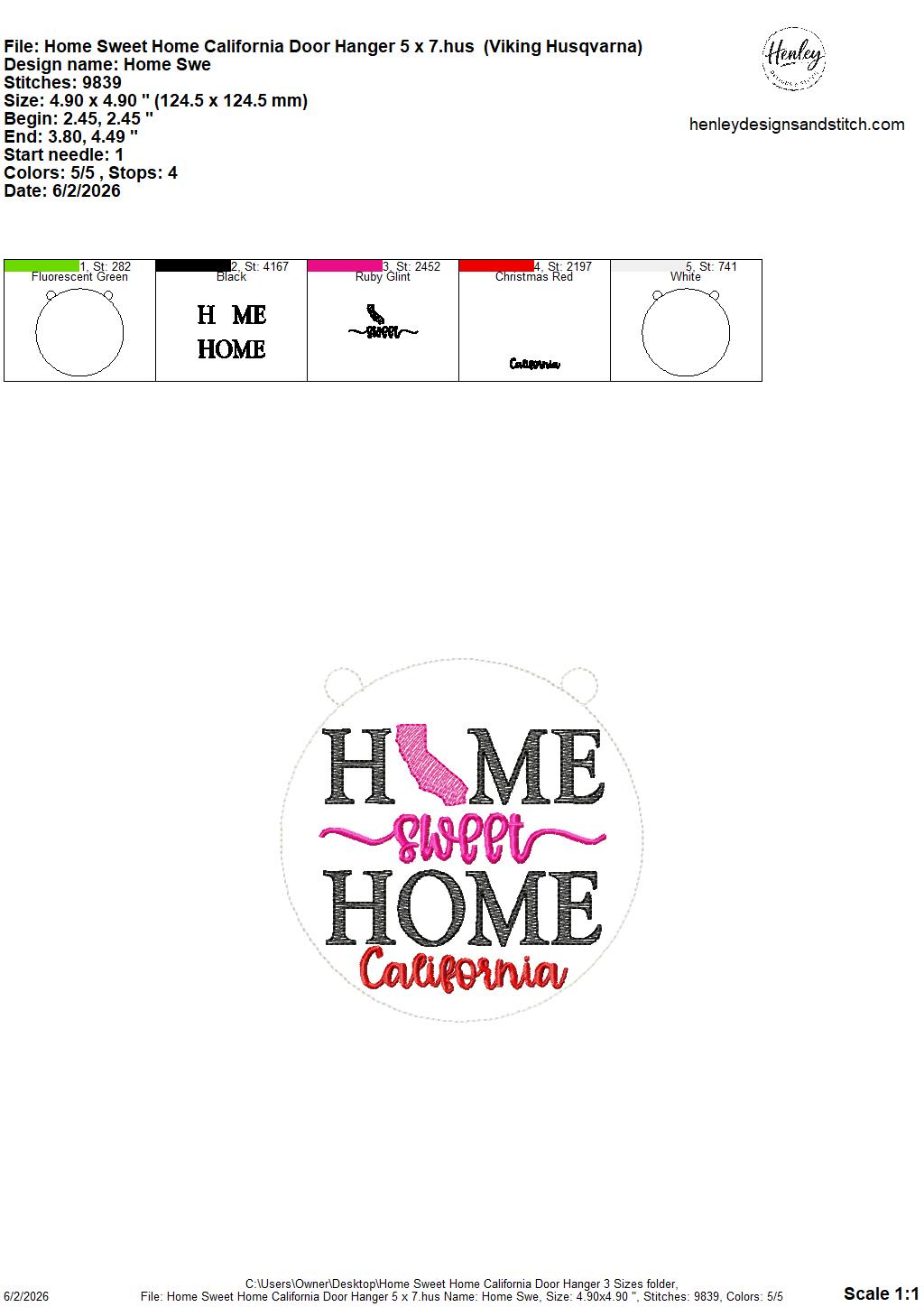 Home Sweet Home – California – DOOR HANGER – 5 x 7, 8 x 8, and 6 x 10 In The Hoop – DIGITAL Embroidery DESIGN