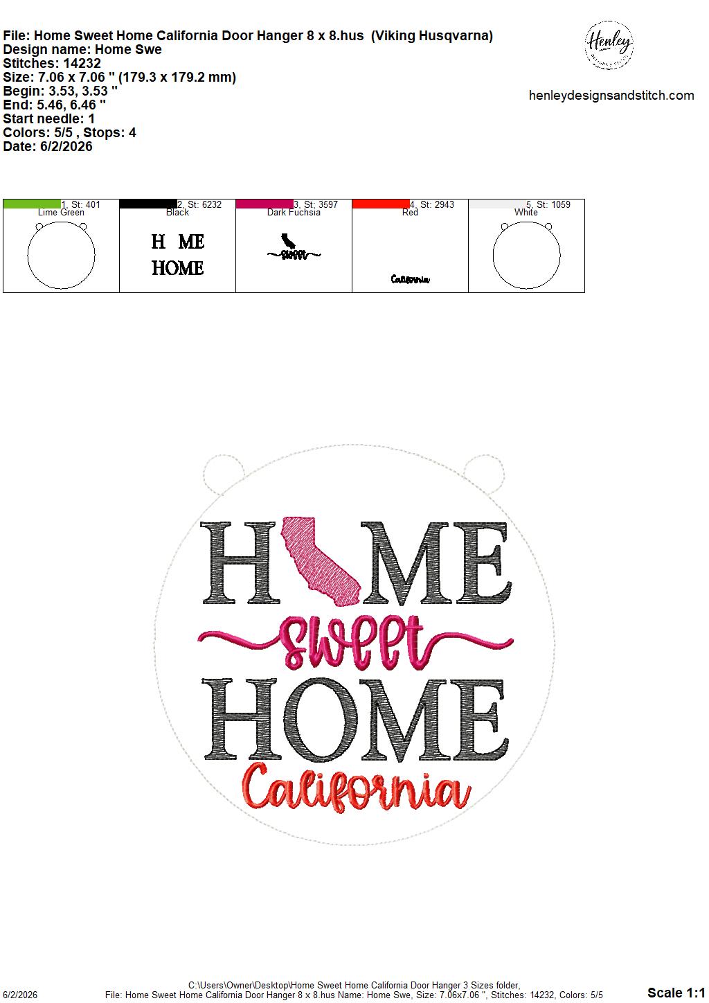 Home Sweet Home – California – DOOR HANGER – 5 x 7, 8 x 8, and 6 x 10 In The Hoop – DIGITAL Embroidery DESIGN
