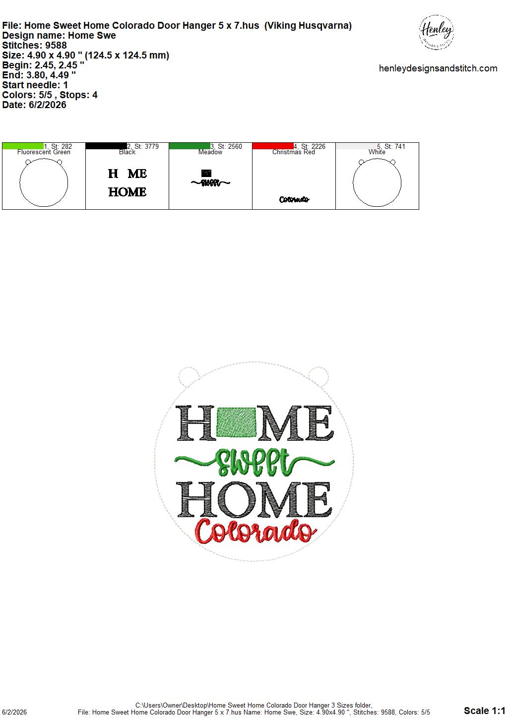 Home Sweet Home – Colorado – DOOR HANGER – 5 x 7, 8 x 8, and 6 x 10 In The Hoop – DIGITAL Embroidery DESIGN