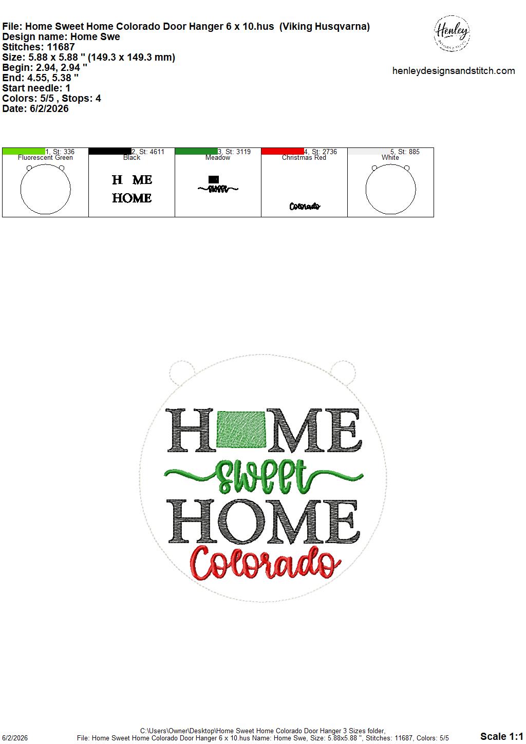 Home Sweet Home – Colorado – DOOR HANGER – 5 x 7, 8 x 8, and 6 x 10 In The Hoop – DIGITAL Embroidery DESIGN