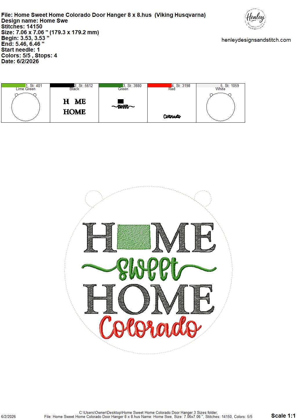 Home Sweet Home – Colorado – DOOR HANGER – 5 x 7, 8 x 8, and 6 x 10 In The Hoop – DIGITAL Embroidery DESIGN