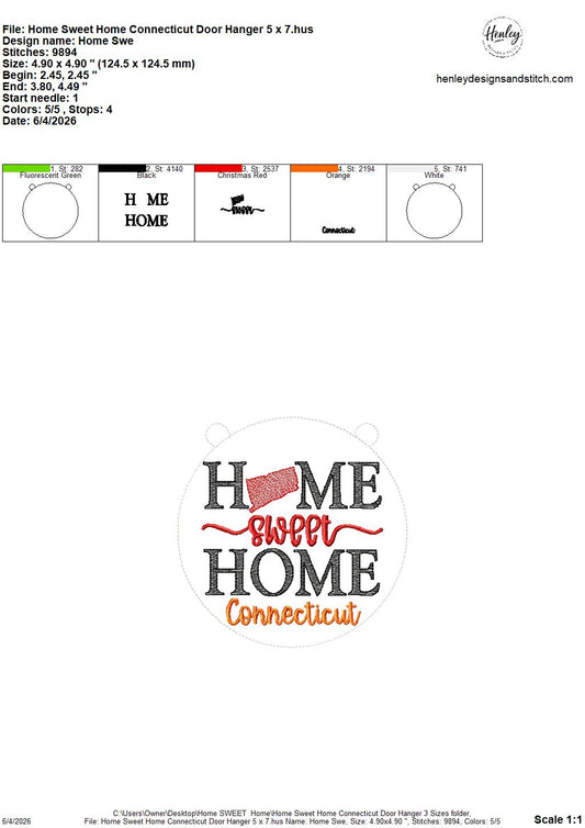 Home Sweet Home – Connecticut – DOOR HANGER – 5 x 7, 8 x 8, and 6 x 10 In The Hoop – DIGITAL Embroidery DESIGN
