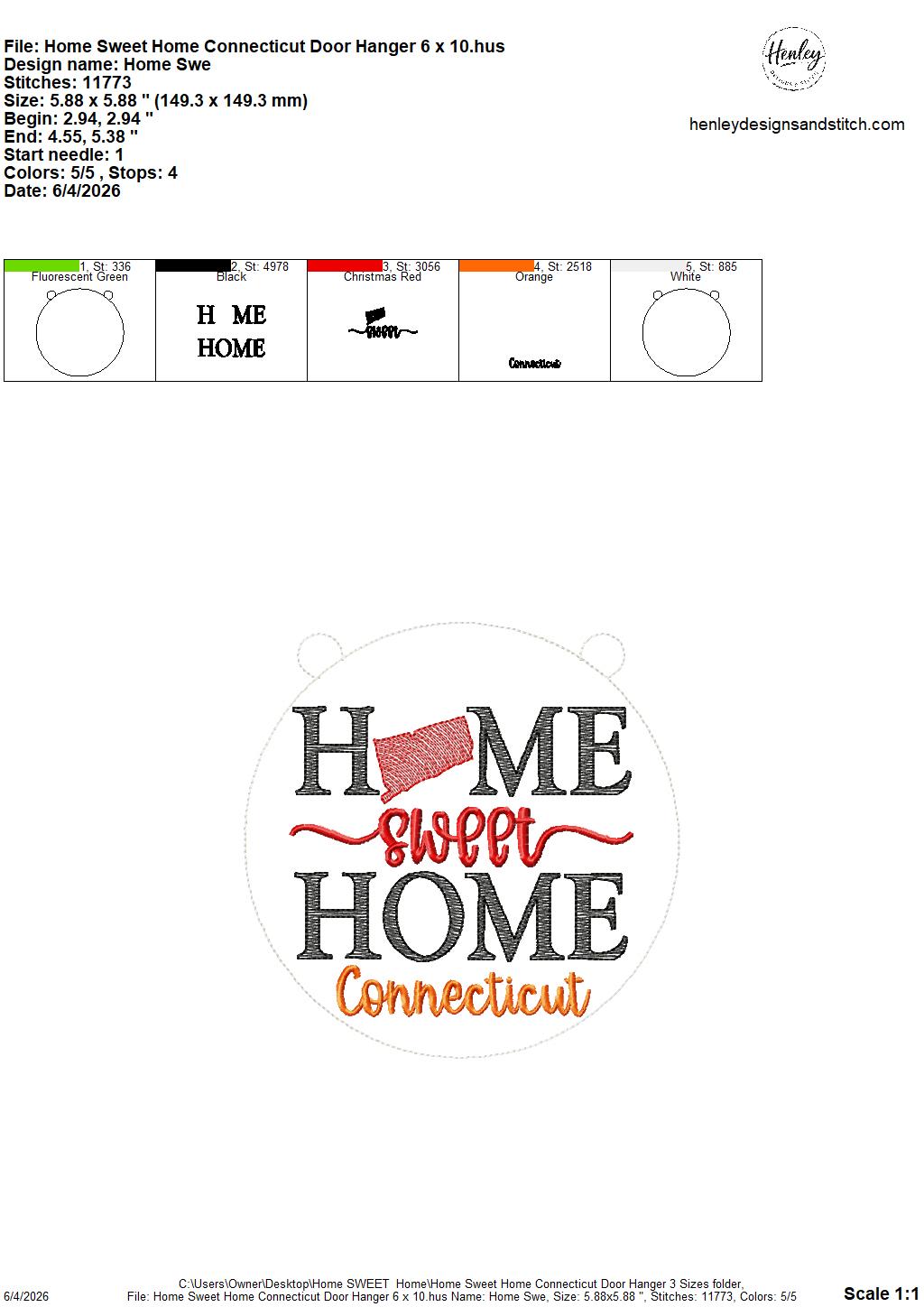 Home Sweet Home – Connecticut – DOOR HANGER – 5 x 7, 8 x 8, and 6 x 10 In The Hoop – DIGITAL Embroidery DESIGN