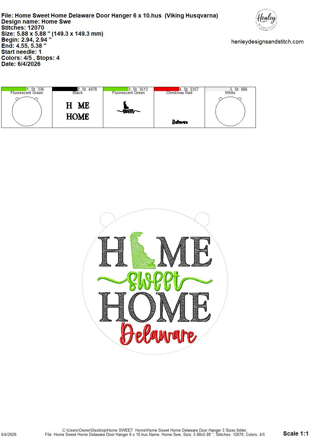 Home Sweet Home – Delaware – DOOR HANGER – 5 x 7, 8 x 8, and 6 x 10 In The Hoop – DIGITAL Embroidery DESIGN