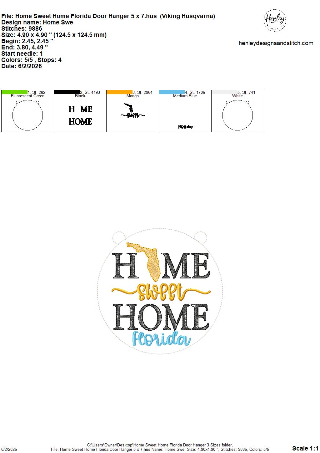 Home Sweet Home – Florida – DOOR HANGER – 5 x 7, 8 x 8, and 6 x 10 In The Hoop – DIGITAL Embroidery DESIGN