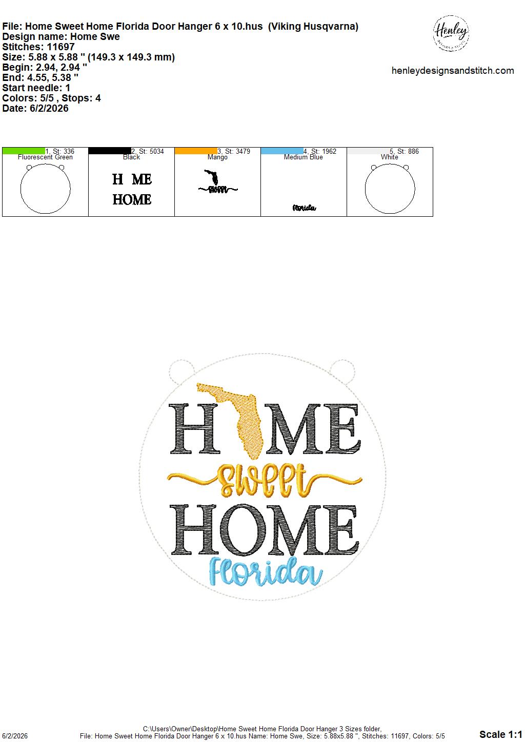 Home Sweet Home – Florida – DOOR HANGER – 5 x 7, 8 x 8, and 6 x 10 In The Hoop – DIGITAL Embroidery DESIGN