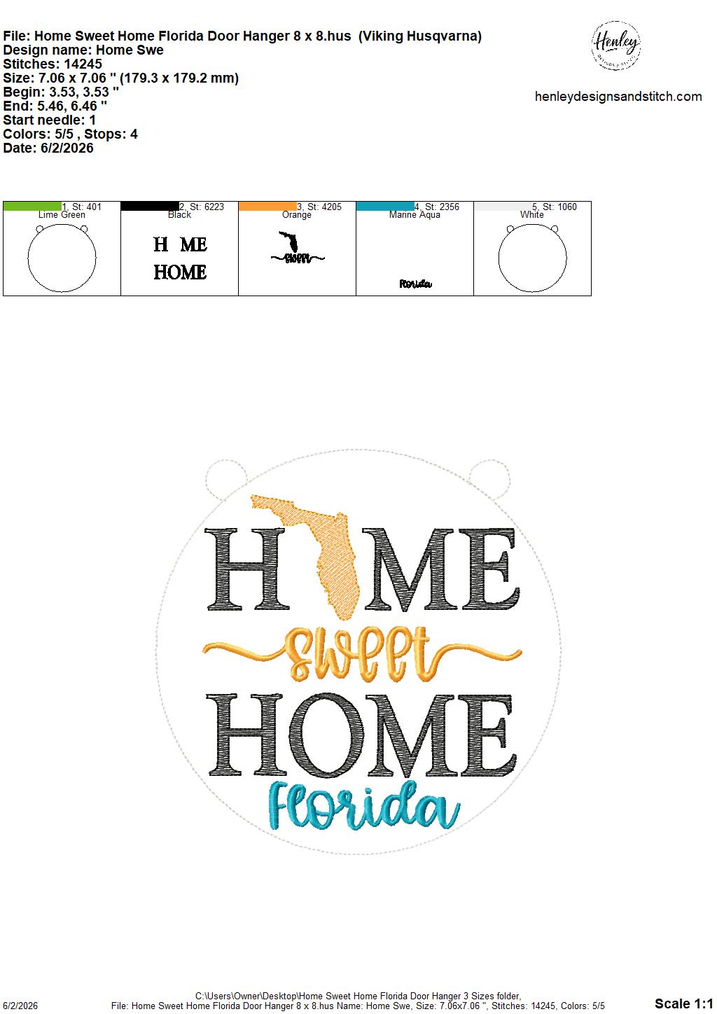 Home Sweet Home – Florida – DOOR HANGER – 5 x 7, 8 x 8, and 6 x 10 In The Hoop – DIGITAL Embroidery DESIGN