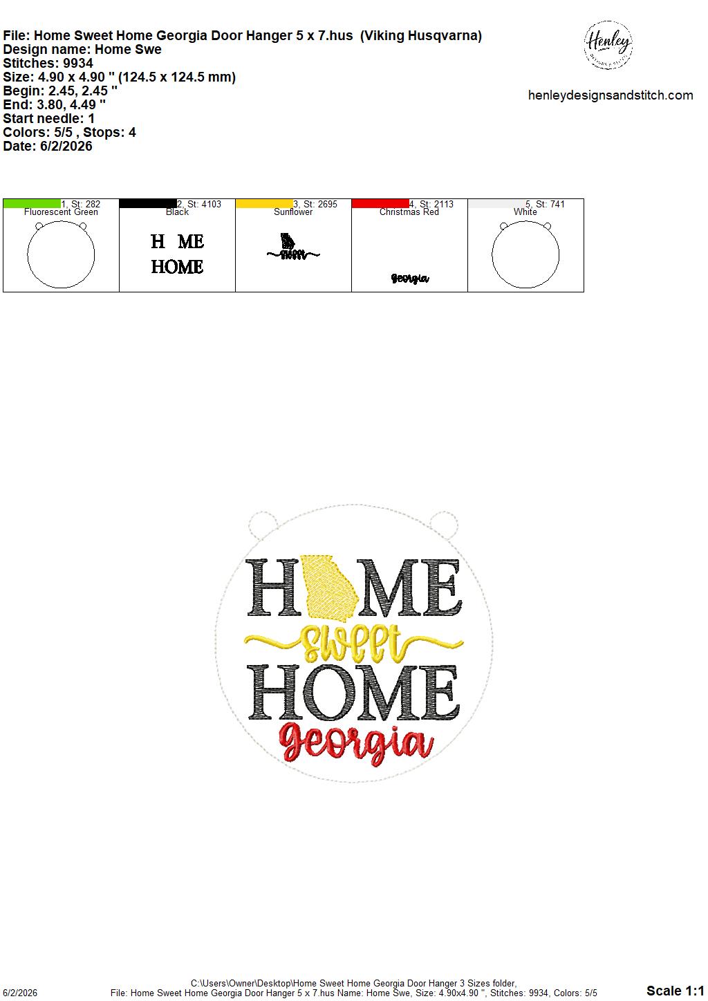 Home Sweet Home – Georgia – DOOR HANGER – 5 x 7, 8 x 8, and 6 x 10 In The Hoop – DIGITAL Embroidery DESIGN