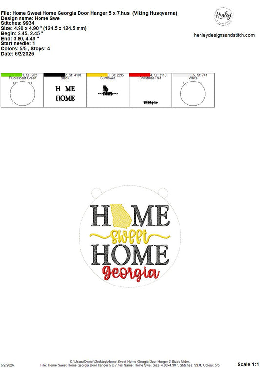 Home Sweet Home – Georgia – DOOR HANGER – 5 x 7, 8 x 8, and 6 x 10 In The Hoop – DIGITAL Embroidery DESIGN