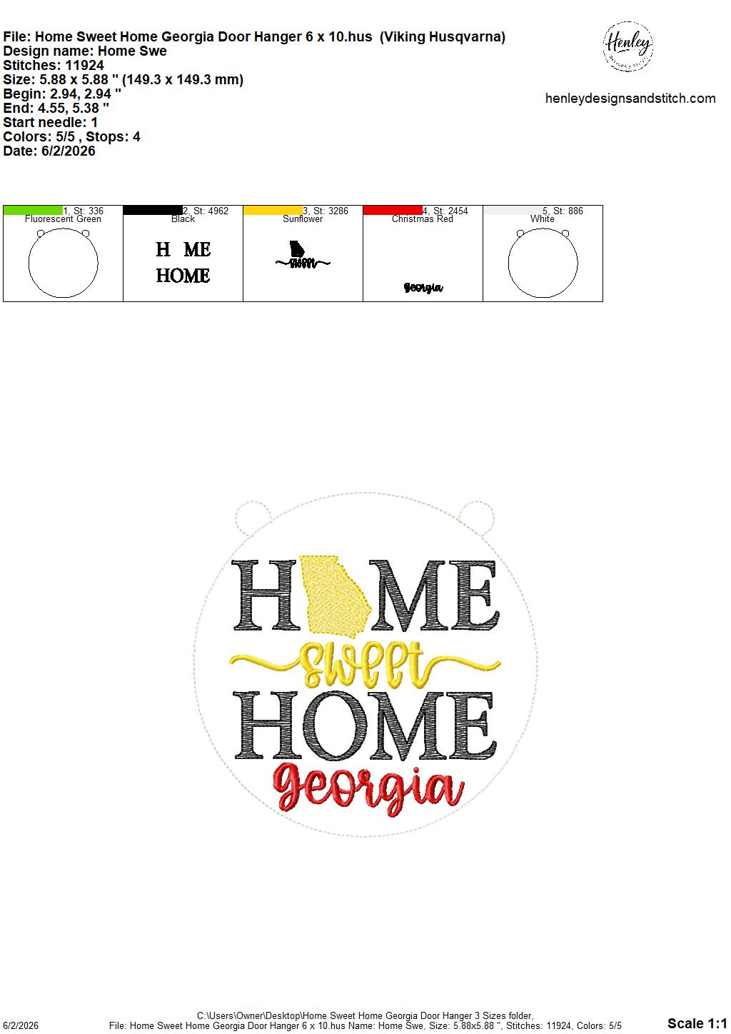 Home Sweet Home – Georgia – DOOR HANGER – 5 x 7, 8 x 8, and 6 x 10 In The Hoop – DIGITAL Embroidery DESIGN