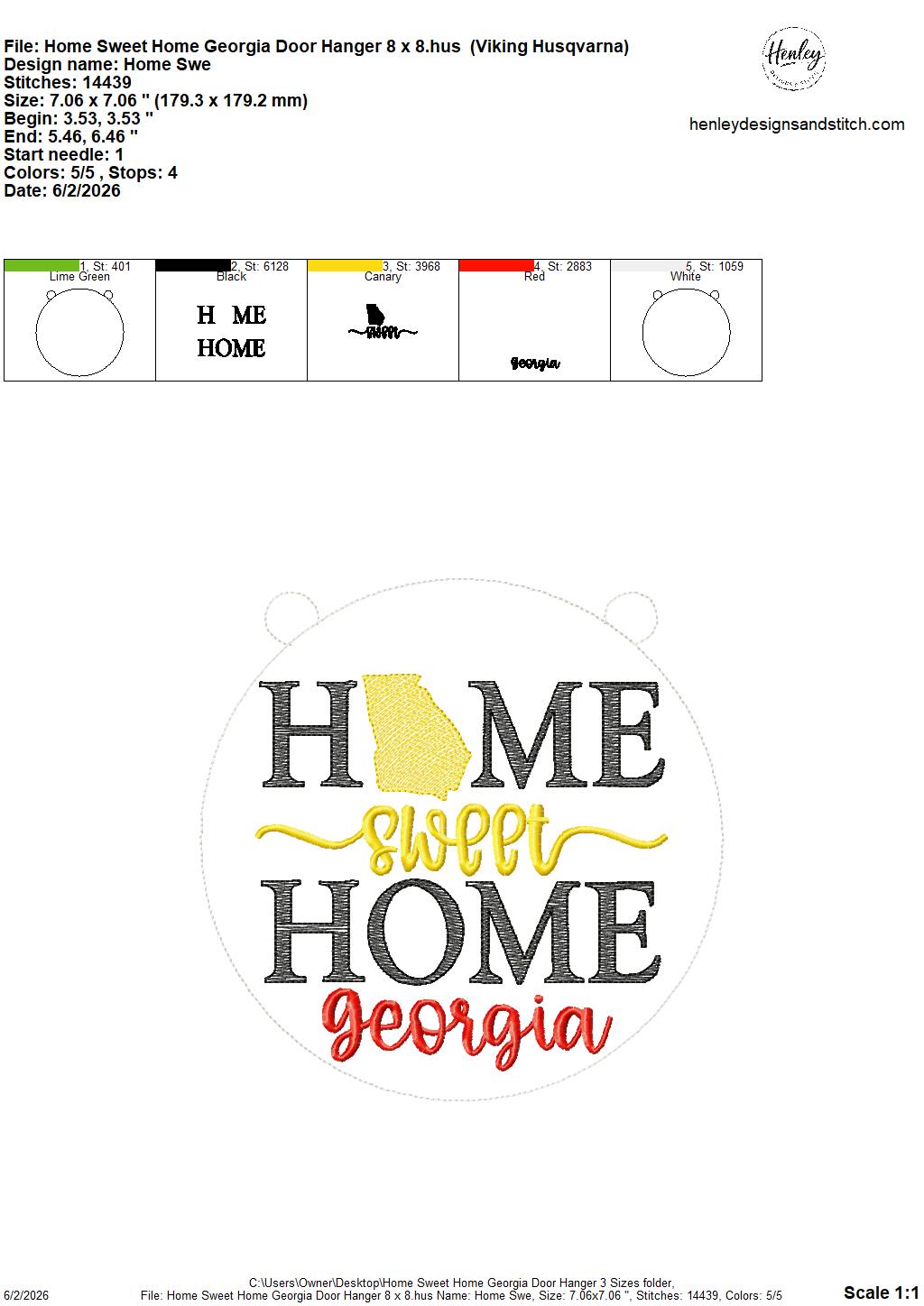 Home Sweet Home – Georgia – DOOR HANGER – 5 x 7, 8 x 8, and 6 x 10 In The Hoop – DIGITAL Embroidery DESIGN