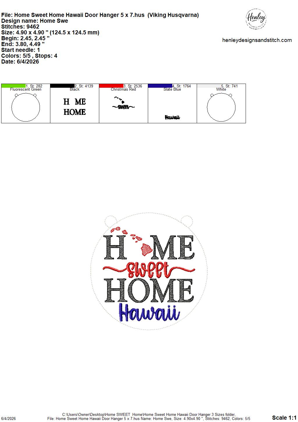 Home Sweet Home – Hawaii – DOOR HANGER – 5 x 7, 8 x 8, and 6 x 10 In The Hoop – DIGITAL Embroidery DESIGN