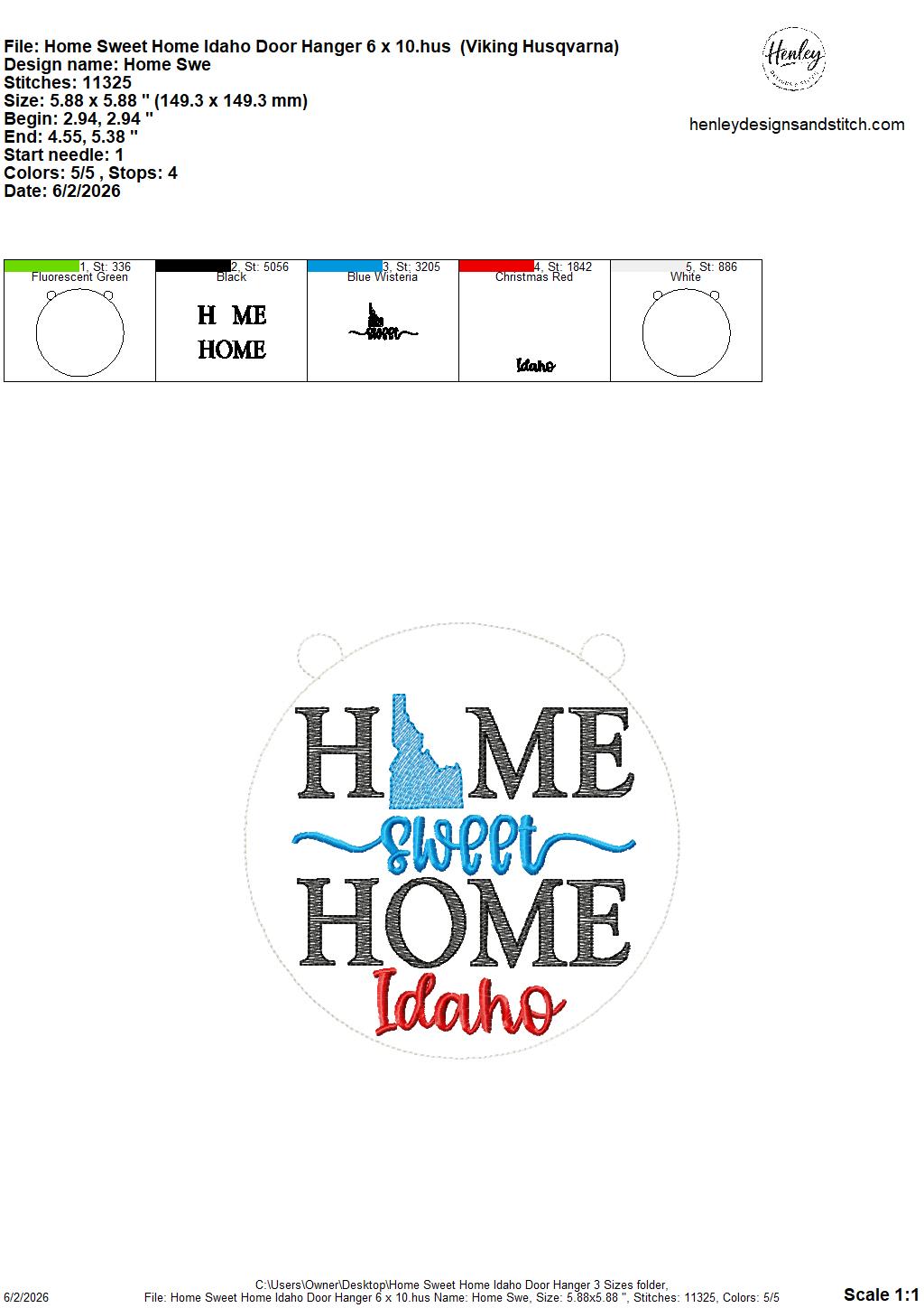 Home Sweet Home – Idaho – DOOR HANGER – 5 x 7, 8 x 8, and 6 x 10 In The Hoop – DIGITAL Embroidery DESIGN